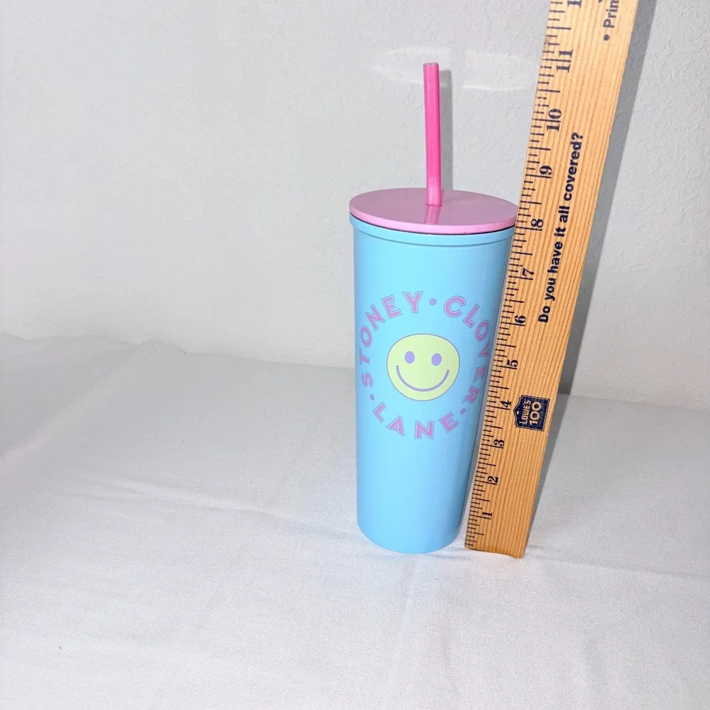 Stoney Clover Lane Blue Smiley Face Travel Tumbler Cup Pink Straw Lid